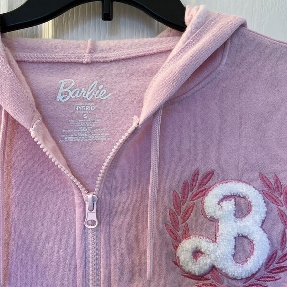 Barbie Juniors Small Pink Sweatshirt Zip Up Hoodie Kelly Green Stripes NWT - Picture 2 of 9